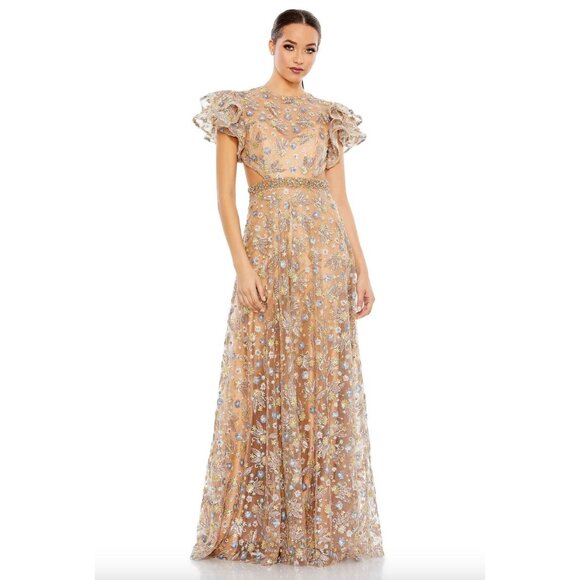Mac Duggal 68030 Embellished Butterfly Sleeve Gown Sz 6 Maxi Dress Lace Up Back